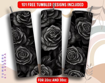 Black Roses Tumbler Wrap PNG, Black Rose 20 oz Skinny Tumbler Sublimation Design, Instant Download (+101 free Designs)
