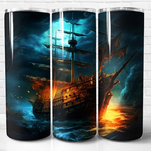 Pirate Ship Tumbler Wrap PNG, Pirate Ship 20 oz Skinny Tumbler Wrap Sublimation Design, Instant Download (+101 free Designs)