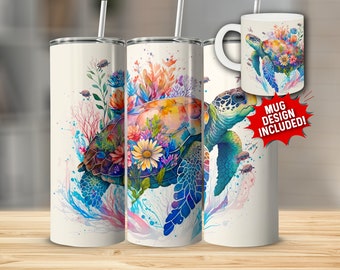 Turtle Tumbler Wrap PNG, Sea Turtle 20 oz Skinny Tumbler Sublimation Design, Instant Download (+101 free Designs)