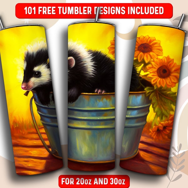 Skunk Tumbler Wrap PNG, Skunk 20 oz Skinny Tumbler Sublimation Design, Instant Download (+101 free Designs)