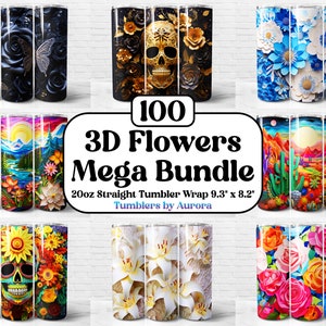 100 Designs Mega Bundle 3D Flowers Tumbler Wrap Bundle PNG, 20 oz Skinny Tumbler Wrap Sublimation Design, Instant Download (+BONUSES)