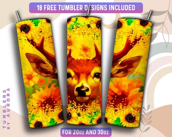 Deer Tumbler Wrap PNG, Sunflower 20 oz Skinny Tumbler Sublimation Design, Instant Download (+101 free Designs)