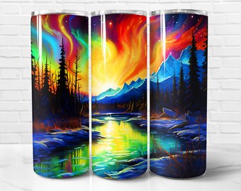 Northern Lights Tumbler Wrap PNG, Aurora 20 oz Skinny Tumbler Wrap Sublimation Design, Instant Download (+101 free Designs)