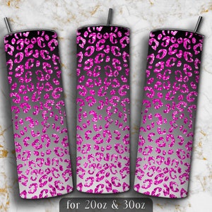 Pink Grey Ombre Glitter Leopard Tumbler Wrap PNG Design, Grey Ombre 20 oz Skinny Tumbler Sublimation, 20oz and 30oz Tumbler Wrap
