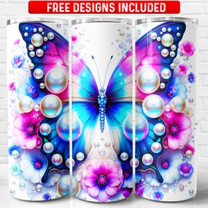 Butterfly Floral PNG, Butterfly Glitter 20 oz Skinny Tumbler Sublimation Design, Instant Download (+101 free Designs)