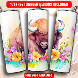 Aquarela Bison Tumbler Wrap PNG, Bison 20 oz Skinny Tumbler Design de sublimação, download instantâneo (+101 designs gratuitos)