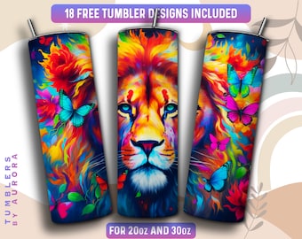 Lion Tumbler Wrap PNG, Lion 20 oz Skinny Tumbler Sublimation Design, Instant Download (+101 free Designs)