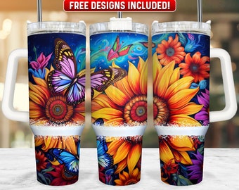 Girassol Borboleta 40 onças Tumbler Wrap PNG Design, Girassol 40 onças Quencher Tumbler Sublimation Wrap, 40 onças Tumbler PNG, Download instantâneo