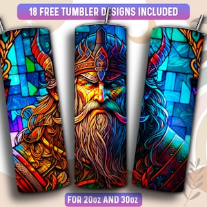 Stained Glass Viking Tumbler Wrap PNG, Viking 20 oz Skinny Tumbler Sublimation Design, Instant Download (+101 free Designs)
