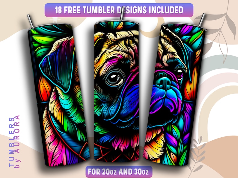 Stained Glass Pug Tumbler Wrap PNG, Dog 20 Oz Skinny Tumbler ...