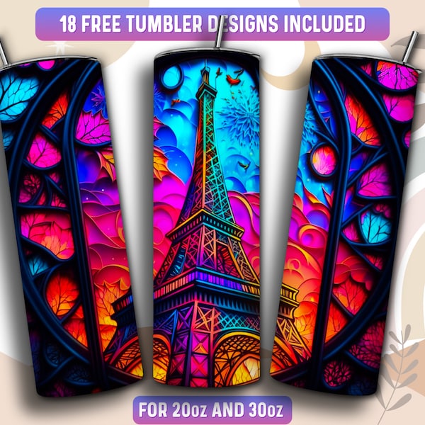 Stained Glass Paris Tumbler Wrap PNG, France 20 oz Skinny Tumbler Sublimation Design, Instant Download (+101 free Designs)