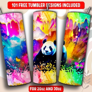 Neon Panda Tumbler Wrap PNG, Animal 20 oz Skinny Tumbler Sublimation Design, Instant Download (+101 free Designs)