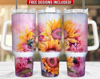 Girassol rosa 40 onças Tumbler Wrap PNG Design, Girassol 40 onças Quencher Tumbler Sublimation Wrap, 40 onças Tumbler PNG, Download instantâneo