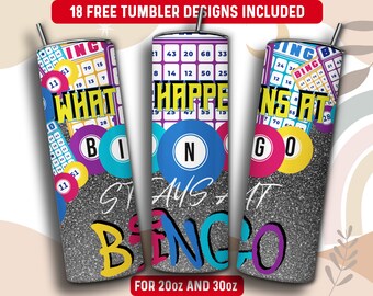 May include: Three silver glitter tumblers with a bingo theme. The tumblers feature colourful bingo cards, bingo balls, and the text "What Happens at Bingo Stays at Bingo". The tumblers are for 20oz and 30oz.