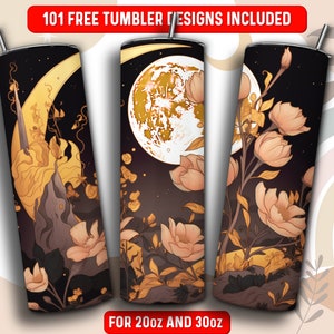 Celestial Moon Tumbler Wrap PNG, Witchy 20 oz Skinny Tumbler Sublimation Design, Instant Download (+101 free Designs)