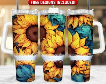 Girassol 40 onças Tumbler Wrap PNG Design, Girassol 40 onças Quencher Tumbler Sublimation Wrap, 40 onças Tumbler PNG, Download instantâneo