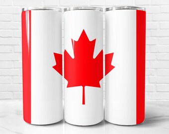 May include: Three stainless steel tumblers with a red and white Canadian flag design. The tumblers feature a red stripe on the left and right sides, with a white center section that has a red maple leaf.