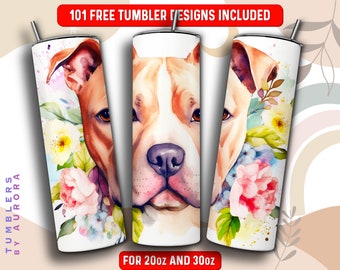 Watercolor Pitbull Tumbler Wrap PNG, Dog 20 oz Skinny Tumbler Sublimation Design, Instant Download (+101 free Designs)