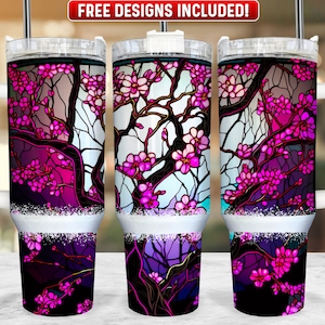 Cherry Blossom 40oz Tumbler Wrap PNG Design, Pink Purple 40oz Quencher Tumbler Sublimation Wrap, 40 oz Tumbler PNG, Instant Download
