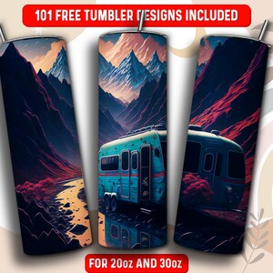 Mountain Caravan Tumbler Wrap PNG, Camping 20 oz Skinny Tumbler Sublimation Design, Instant Download (+101 free Designs)