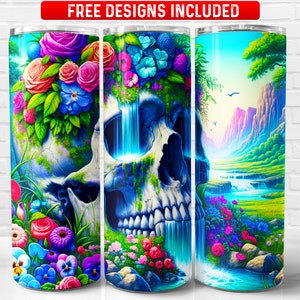 May include: A set of three stainless steel tumblers with colorful designs. The first tumbler features a skull with flowers and a waterfall. The second tumbler features a skull with flowers and a waterfall. The third tumbler features a landscape with a waterfall and mountains.