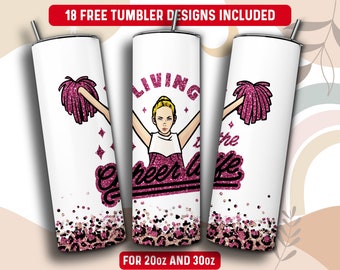 Cheerleader Tumbler Wrap PNG, Cheer 20 oz Skinny Tumbler Sublimation Design, Instant Download (+101 free Designs)