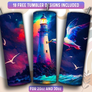 Lighthouse Tumbler Wrap PNG, 20 oz Skinny Tumbler Sublimation Design, Instant Download (+101 free Designs)