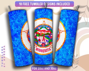 May include: A set of three stainless steel tumblers with a blue and white design featuring the state seal of Minnesota. The tumblers are available in 20oz and 30oz sizes.