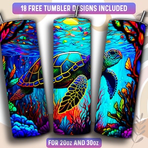 Stained Glass Sea Turtle Tumbler Wrap PNG, Sea Turtle 20 oz Skinny Tumbler Sublimation Design, Instant Download (+101 free Designs)