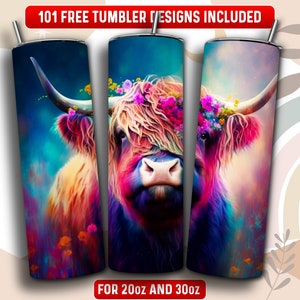 Highland Cow Tumbler Wrap PNG, 20 oz Skinny Tumbler Sublimation Design, Instant Download (+101 free Designs)