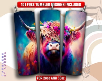 Highland Cow Tumbler Wrap PNG, 20 oz Skinny Tumbler Sublimation Design, Instant Download (+101 free Designs)