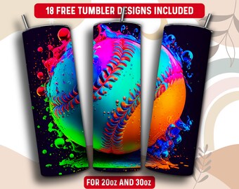 May include: Three colorful sublimation designs for 20 oz and 30 oz tumblers. Each design features a baseball with a vibrant color scheme of pink, blue, green, and orange.