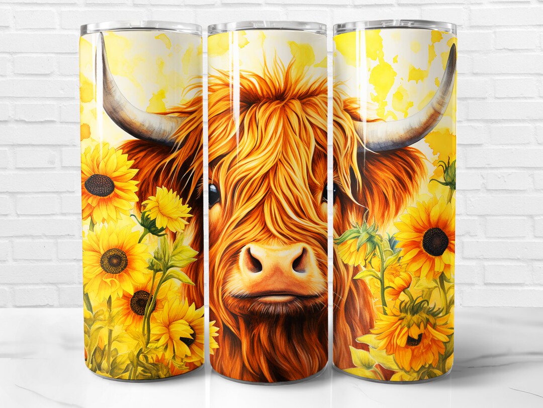 Sunflower Highland Cow Tumbler Wrap PNG, Highland Cattle 20 Oz Skinny ...