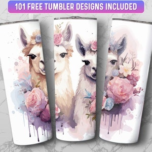 Llama Tumbler Wrap PNG, 20 oz Skinny Tumbler Wrap Sublimation Design, Instant Download (+101 free Designs)