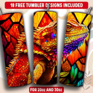 Stained Glass Bearded Dragon Tumbler Wrap PNG, 20 oz Skinny Tumbler Sublimation Design, Instant Download (+101 free Designs)