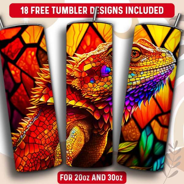 Stained Glass Bearded Dragon Tumbler Wrap PNG, 20 oz Skinny Tumbler Sublimation Design, Instant Download (+101 free Designs)