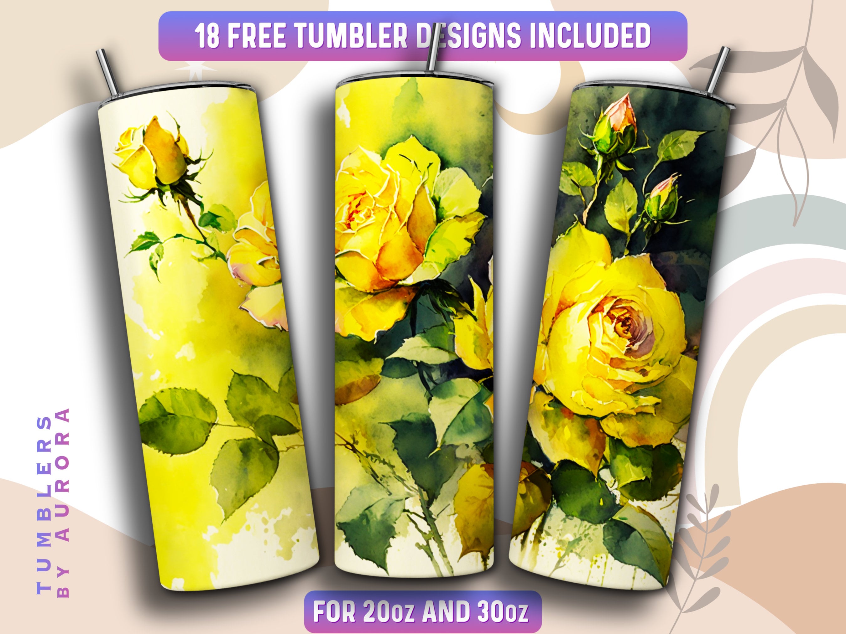 24 oz Curve Tumbler w/Handle - Yellow Rose Hand Painted – MysticCharmDesigns