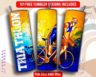 Triathlon Tumbler Wrap PNG, Triathlete 20 oz Skinny Tumbler Sublimation Design, Instant Download (+101 free Designs)