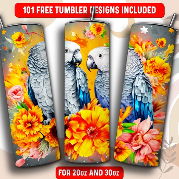African Grey Parrot Tumbler Wrap PNG, Animal 20 oz Skinny Tumbler Sublimation Design, Instant Download (+101 free Designs)