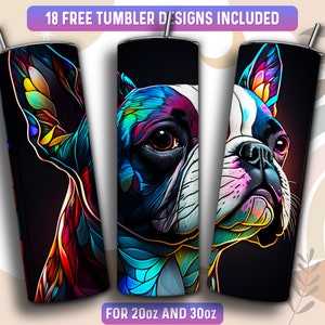 Boston Terrier Tumbler Wrap PNG, Dog 20 oz Skinny Tumbler Sublimation Design, Instant Download (+101 free Designs)