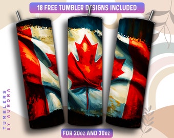 May include: Three different designs for a 20oz or 30oz tumbler featuring a stylized painting of the Canadian flag. The flag is red, white, and blue with a large maple leaf in the center. The text "18 FREE TUMBLER DESIGNS INCLUDED" is at the top of the image. The text "FOR 20oz AND 30oz" is at the bottom of the image.