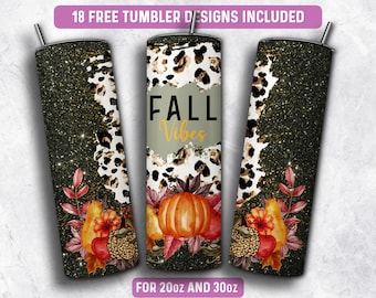 May include: Fall-themed tumbler design featuring a black and gold glitter background with a leopard print pattern, a pumpkin, leaves, and the text "Fall Vibes".