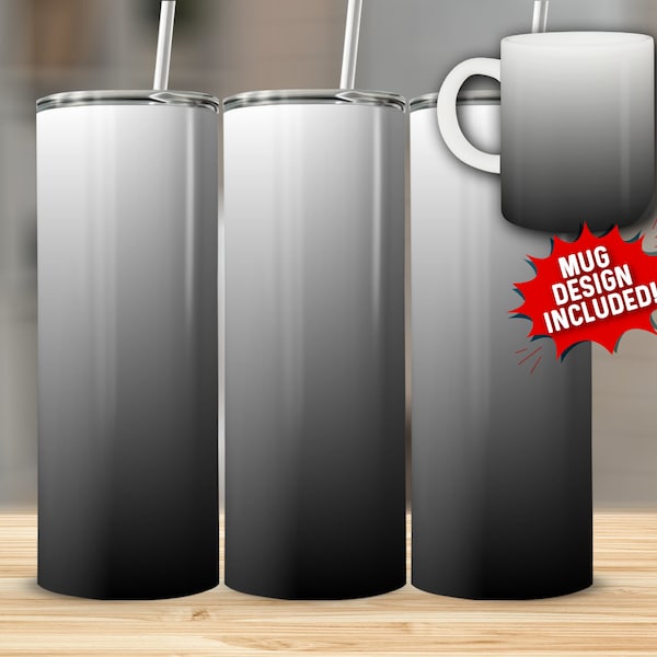Grey Ombre Tumbler Wrap White to Black PNG Design 20 oz Skinny Tumbler Sublimation Instant Download (+101 free Designs)