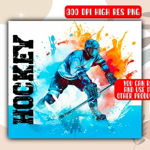 May include: A digital illustration of a hockey player in blue and white gear, skating on a blue and white ice rink. The player is holding a hockey stick and is in mid-air. The background is a watercolor-style painting of orange and yellow splashes. The word "HOCKEY" is written in black letters on the left side of the image.