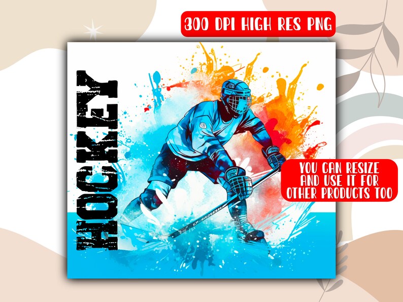 May include: A digital illustration of a hockey player in blue and white gear, skating on a blue and white ice rink. The player is holding a hockey stick and is in mid-air. The background is a watercolor-style painting of orange and yellow splashes. The word "HOCKEY" is written in black letters on the left side of the image.