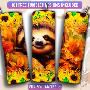 Sloth Tumbler Wrap PNG, Sloth 20 oz Skinny Tumbler Sublimation Design, Instant Download (+101 free Designs)