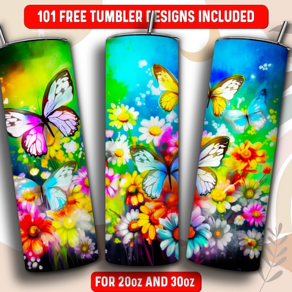 Butterfly Tumbler Wrap PNG, Daisy Flowers 20 oz Skinny Tumbler Sublimation Design, Instant Download (+101 free Designs)