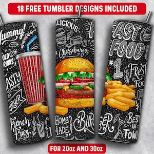 Burger Tumbler Wrap PNG, Hamburger 20 oz Skinny Tumbler Sublimation Design, Instant Download (+101 free Designs)