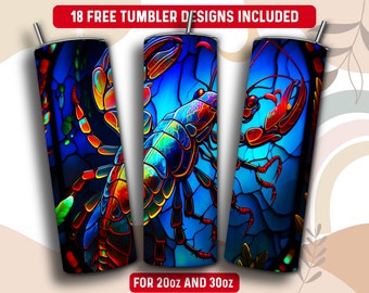 Stained Glass Crawfish Tumbler Wrap PNG, Crayfish 20 oz Skinny Tumbler Sublimation Design, Instant Download (+101 free Designs)