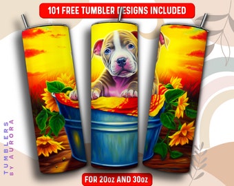 Cute Pitbull Tumbler Wrap PNG, Dog 20 oz Skinny Tumbler Sublimation Design, Instant Download (+101 free Designs)